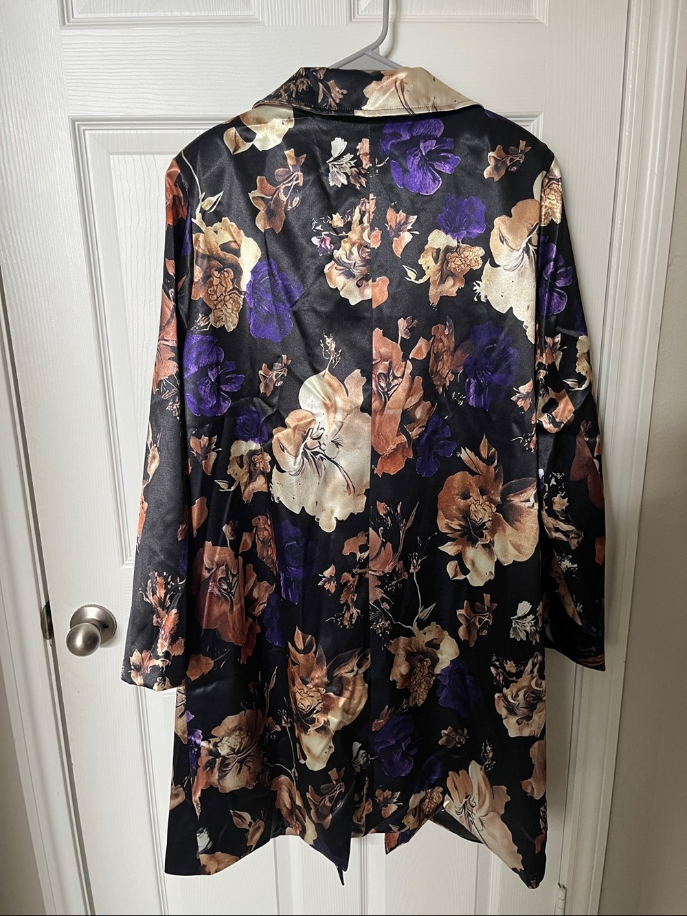 Floral Satin Black Long Coat - Women's Jacket - Picture 2 of 2